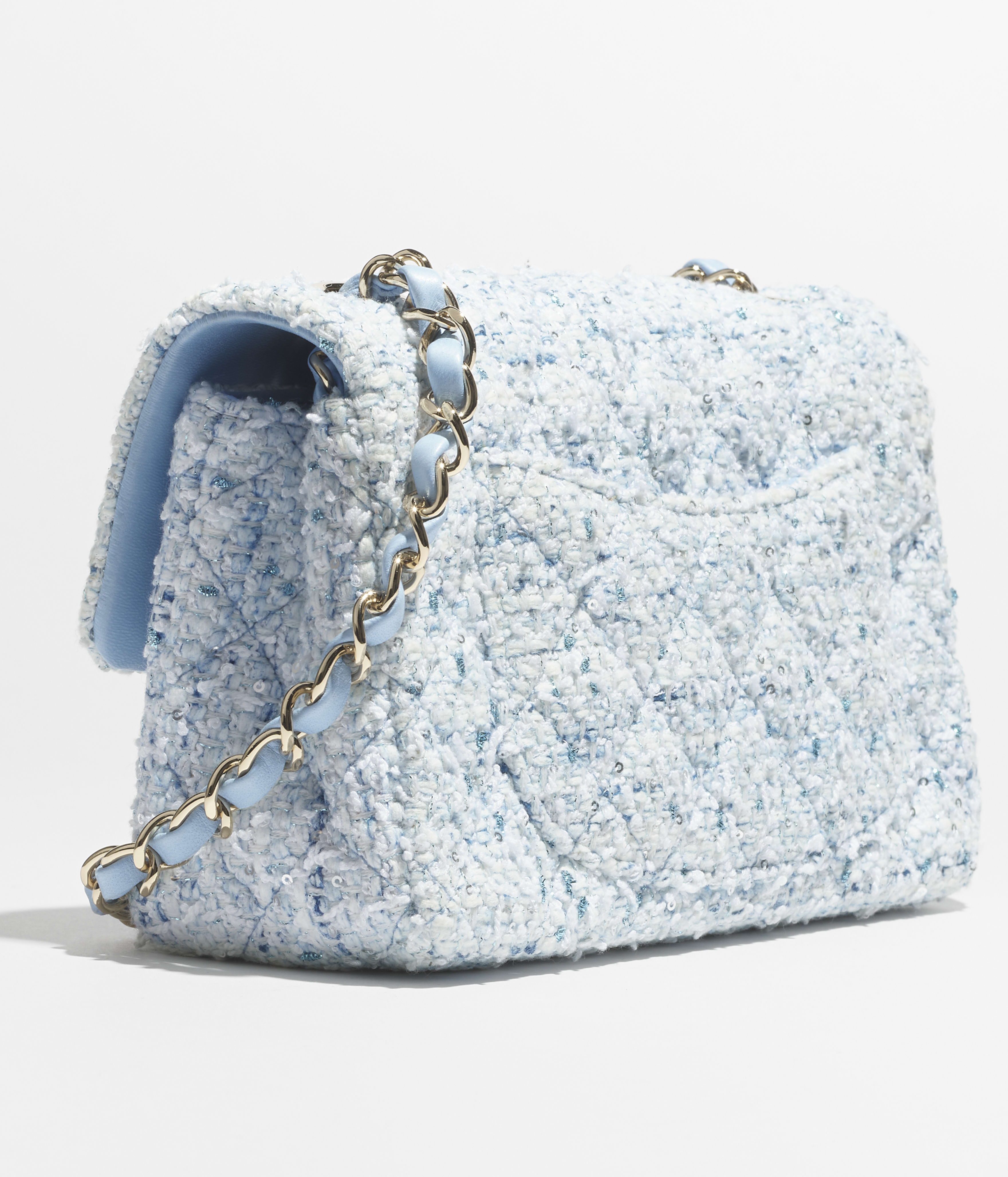 ミニ クラシック ハンドバッグ、ツイード、ブルー、ホワイト