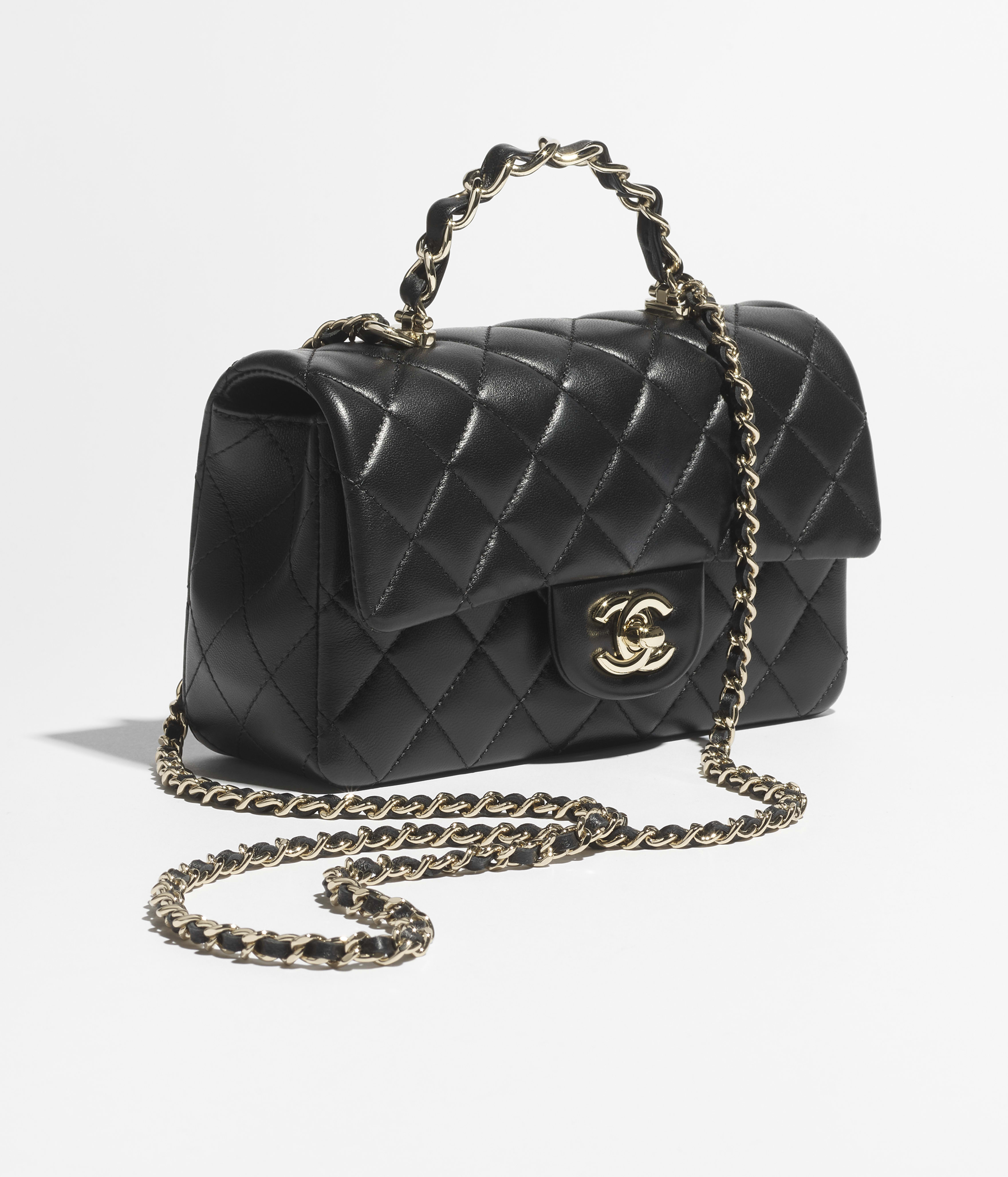 Mini classic handbag with top handle, Lambskin & gold-tone metal