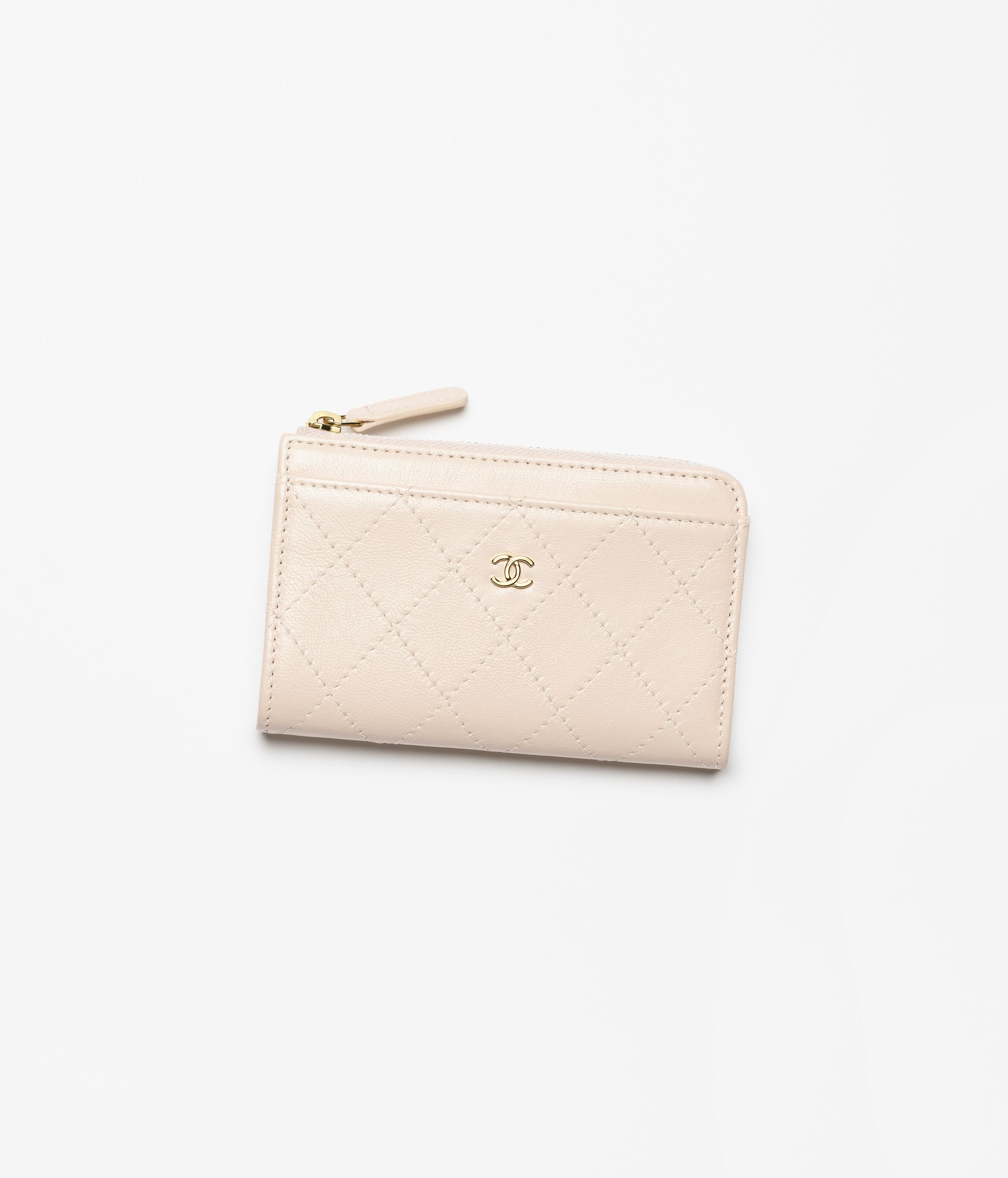 Zipped card holder - Grained goatskin & gold-tone metal, beige