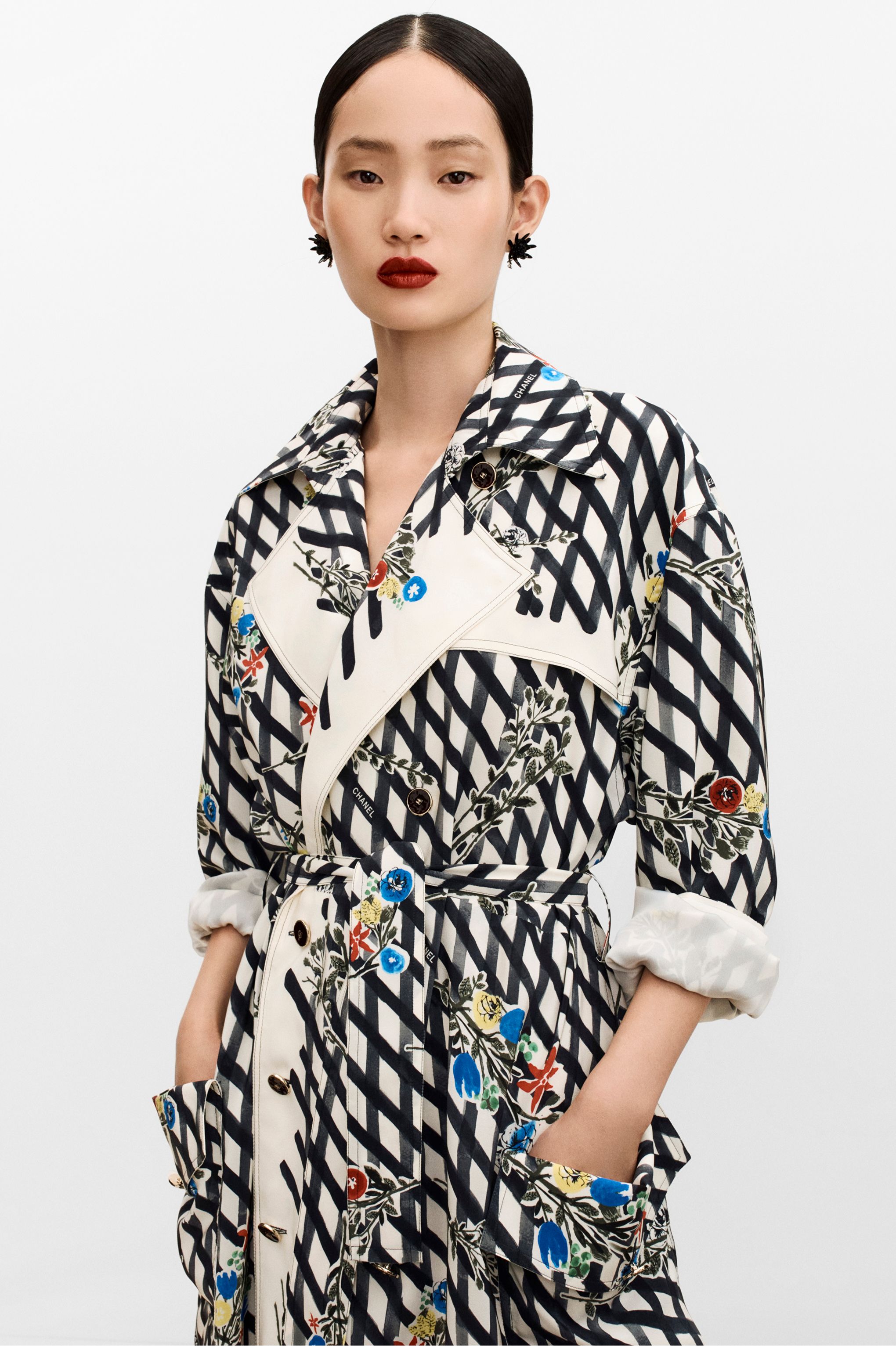 コート - プリント クレープ デ シン、エクリュ、ブラック、ブルー