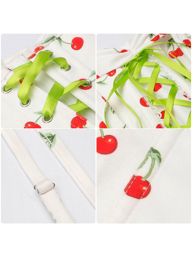 Y2K Spaghetti Strap Cute Cherry Print Lace Up Bustier Corset Crop