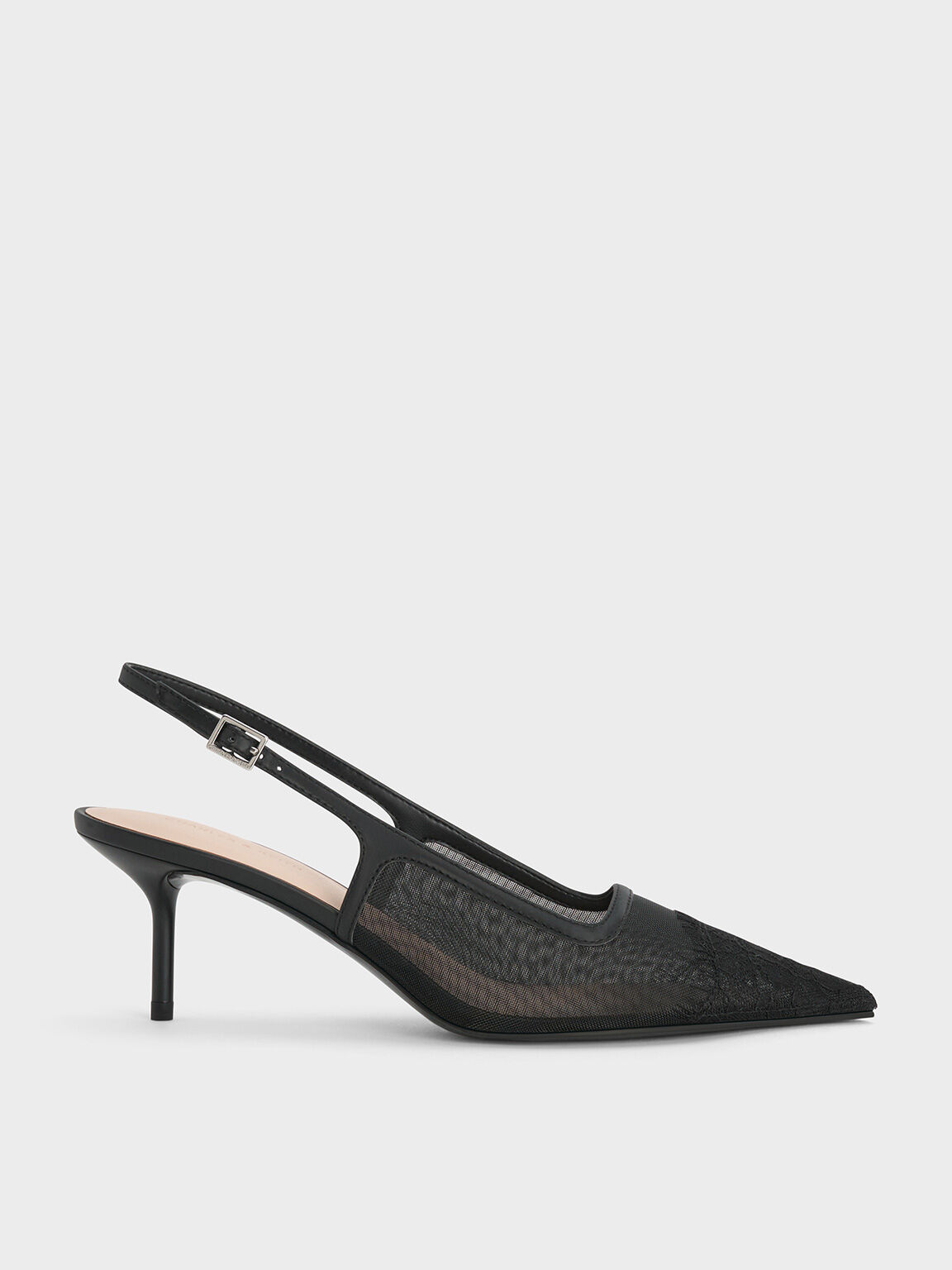 Black Mesh & Lace Pointed-Toe Slingback Pumps - Black Textured