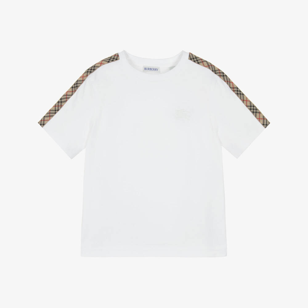 Burberry - White Cotton T-Shirt with Check Taped Trim | Childrensalon