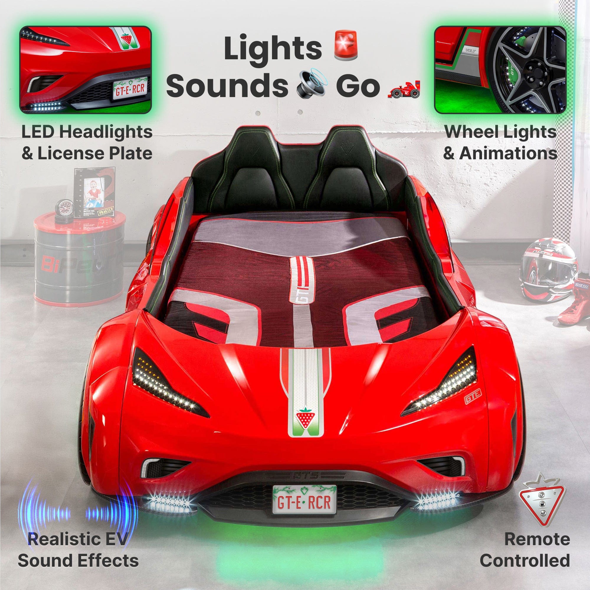 GTS EV Red Twin Race Car Bed with Remote, LED Ambient Lights