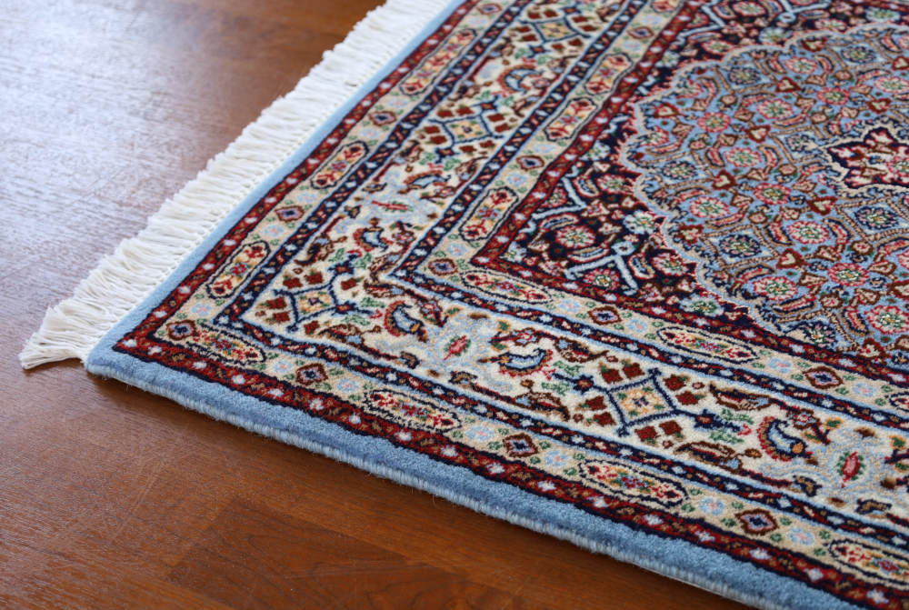 ペルシャ絨毯玄関マット ウール＆シルク 水色 イラン・ムード産