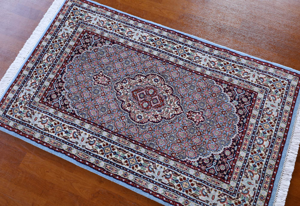 ペルシャ絨毯玄関マット ウール＆シルク 水色 イラン・ムード産