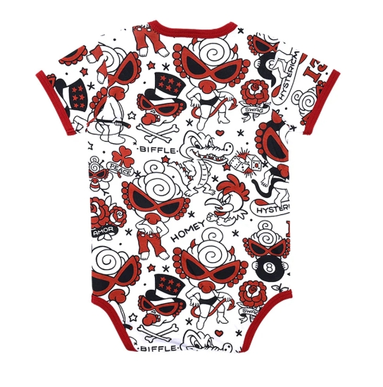 MY FIRST HYSTERIC TATTOO PARLOUR総柄 半袖ロンパース 04；ホワイト系