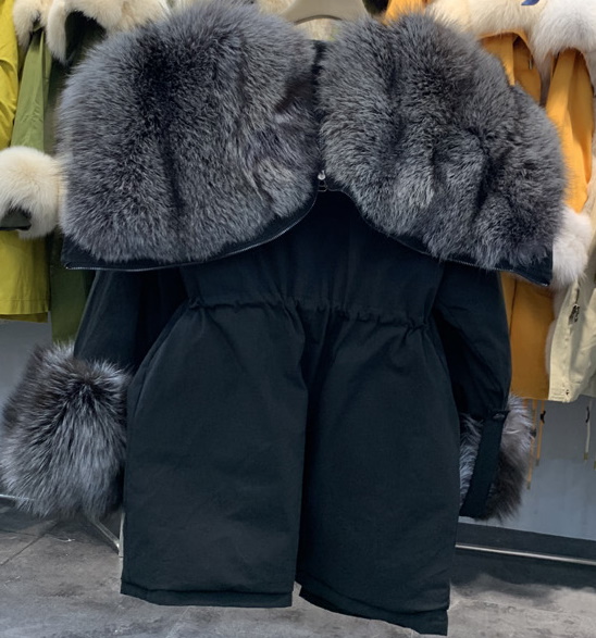 Women's Real Silver & Red Fox Fur Military Down Angel Wing Coat