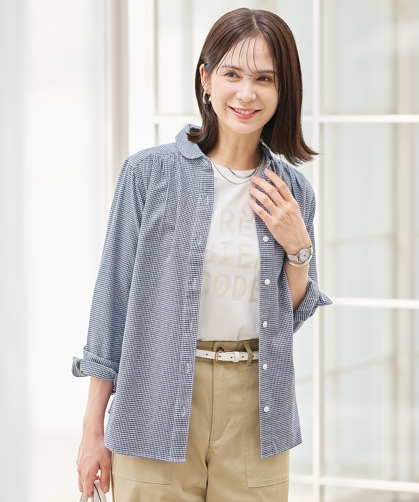 レディース ショールカラー ギンガムチェック ブラウス通販 [0201