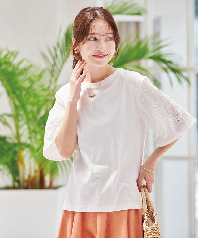 レディース コットン 五分袖 刺繍 Tシャツ通販 [0302-53220
