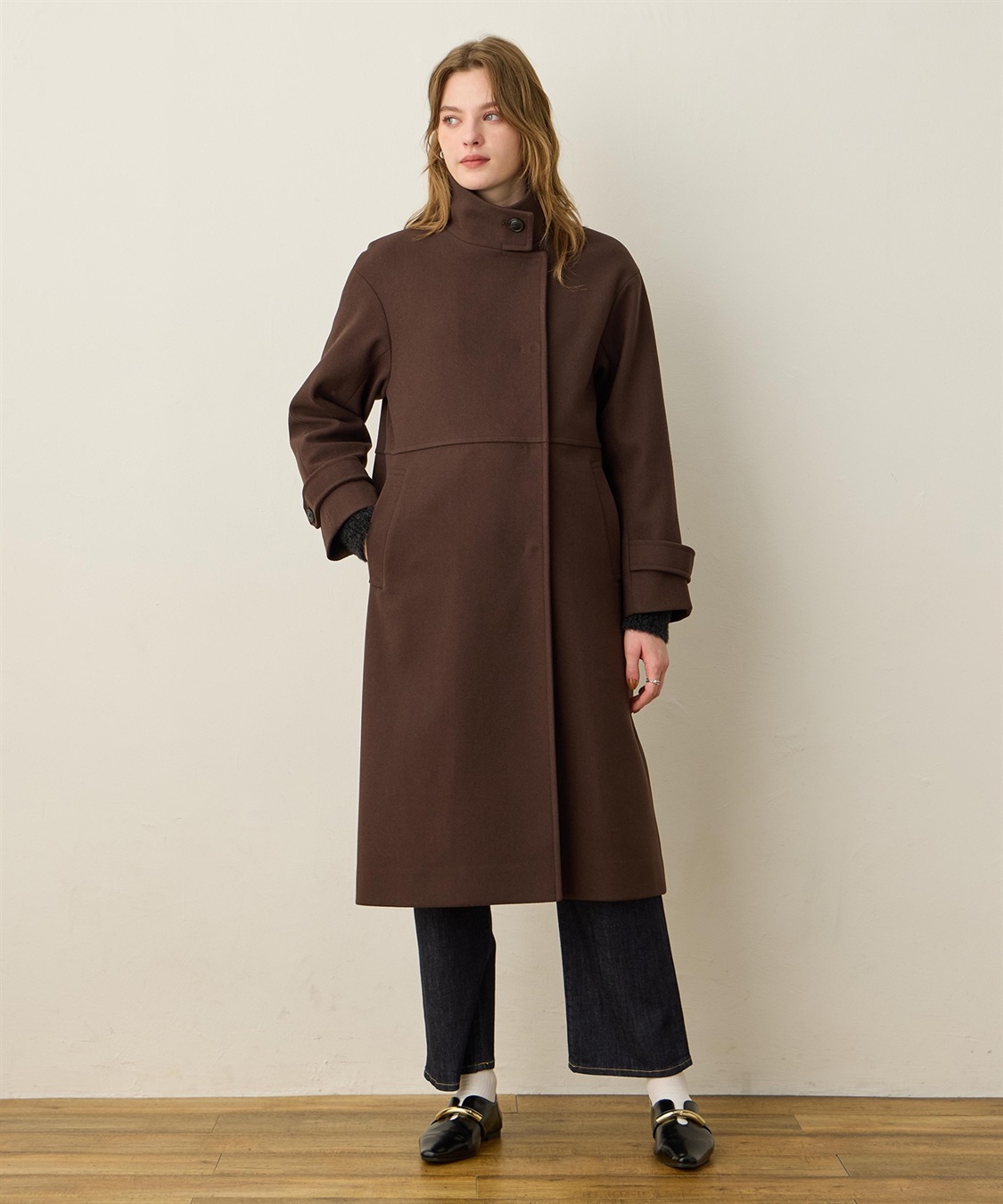 フェイクウールスタンドカラーロングコート LE SOUK HOLIDAY｜クロス