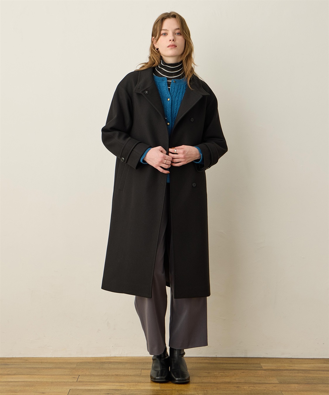 フェイクウールスタンドカラーロングコート LE SOUK HOLIDAY｜クロス