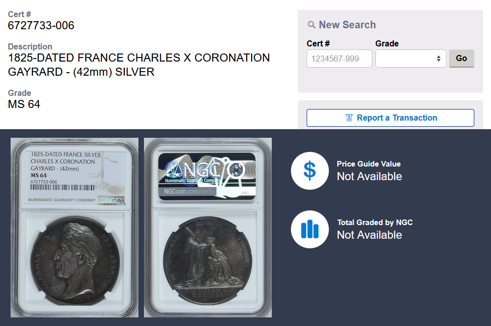 1825年 フランス シャルル10世 戴冠メダル【MS64】｜アンティーク