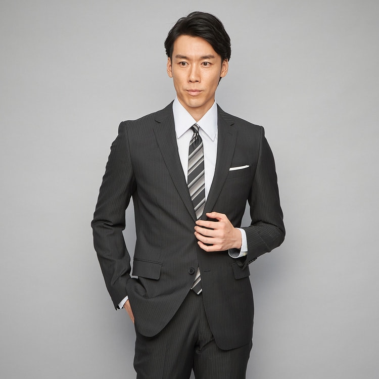 アウトレット】ストレッチ グレー織柄ストライプスーツ MAJI スリム