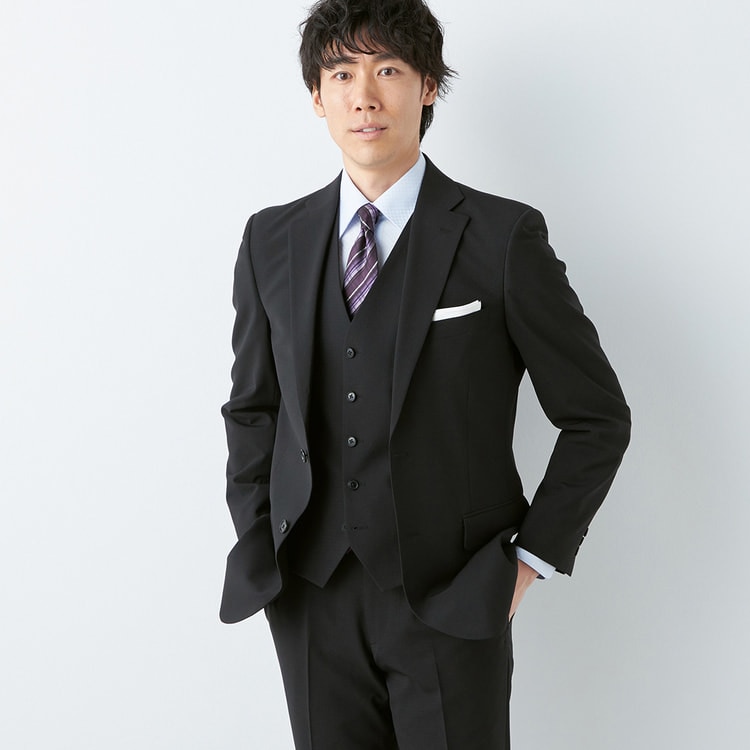 洗える ストレッチ サステナブル スリーピーススーツ 黒 織柄チェック