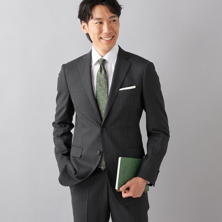 アウトレット】洗える ストレッチスーツ チャコールグレーストライプ