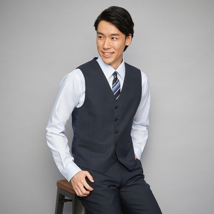 リバーシブルベスト 紺ウィンドウペン×グレー織柄ストライプ MAJI