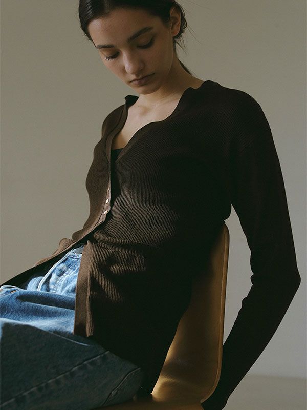 ETRE TOKYO - シアーリブニットカーディガン - ブラウン | ADDICT WEB SHOP