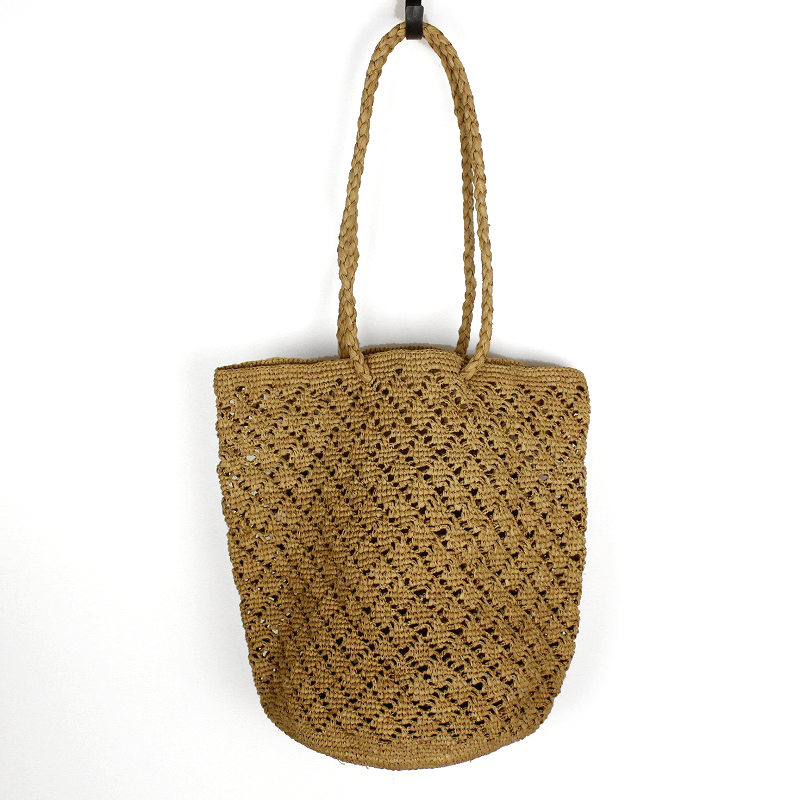 アフリカンスクエアー / ラフィアかぎ編み波透かしバッグ 丸底