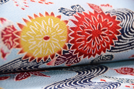 浦野理一作 水色地秋景色文様浦野の紅型鬼縮緬名古屋帯