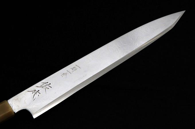 切付包丁 九寸 積層鋼 上下水牛 銀巻花梨瘤八角柄 白鞘付 λA498-2L3C