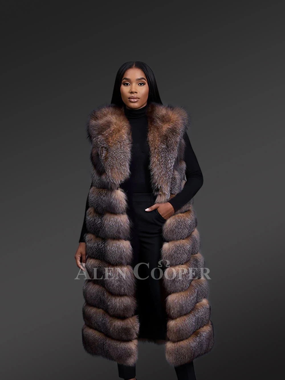 Womens Fox Fur Long Vest with Hood