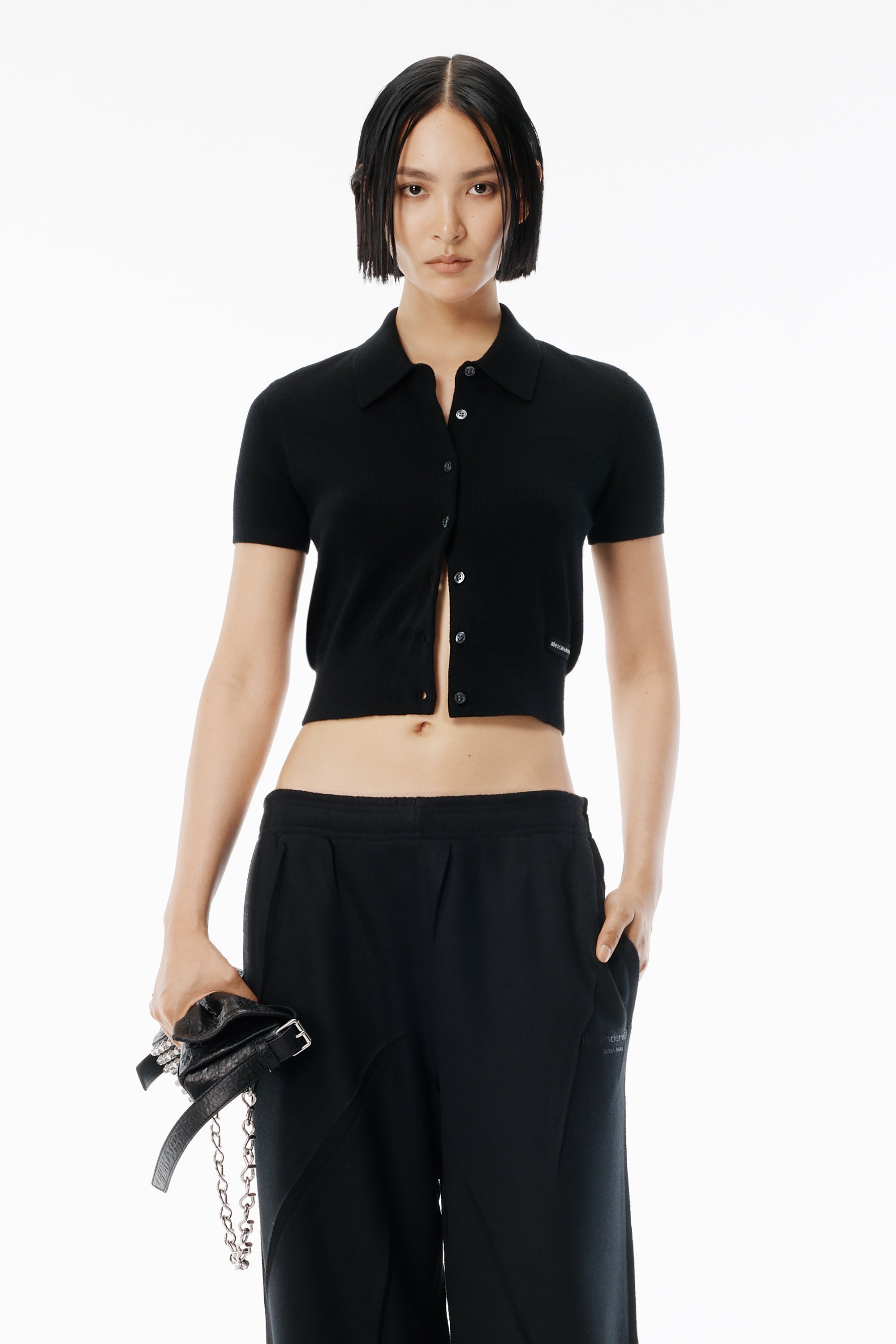 Black Wool Short Sleeve Polo Cardigan in BLACK | alexanderwang®