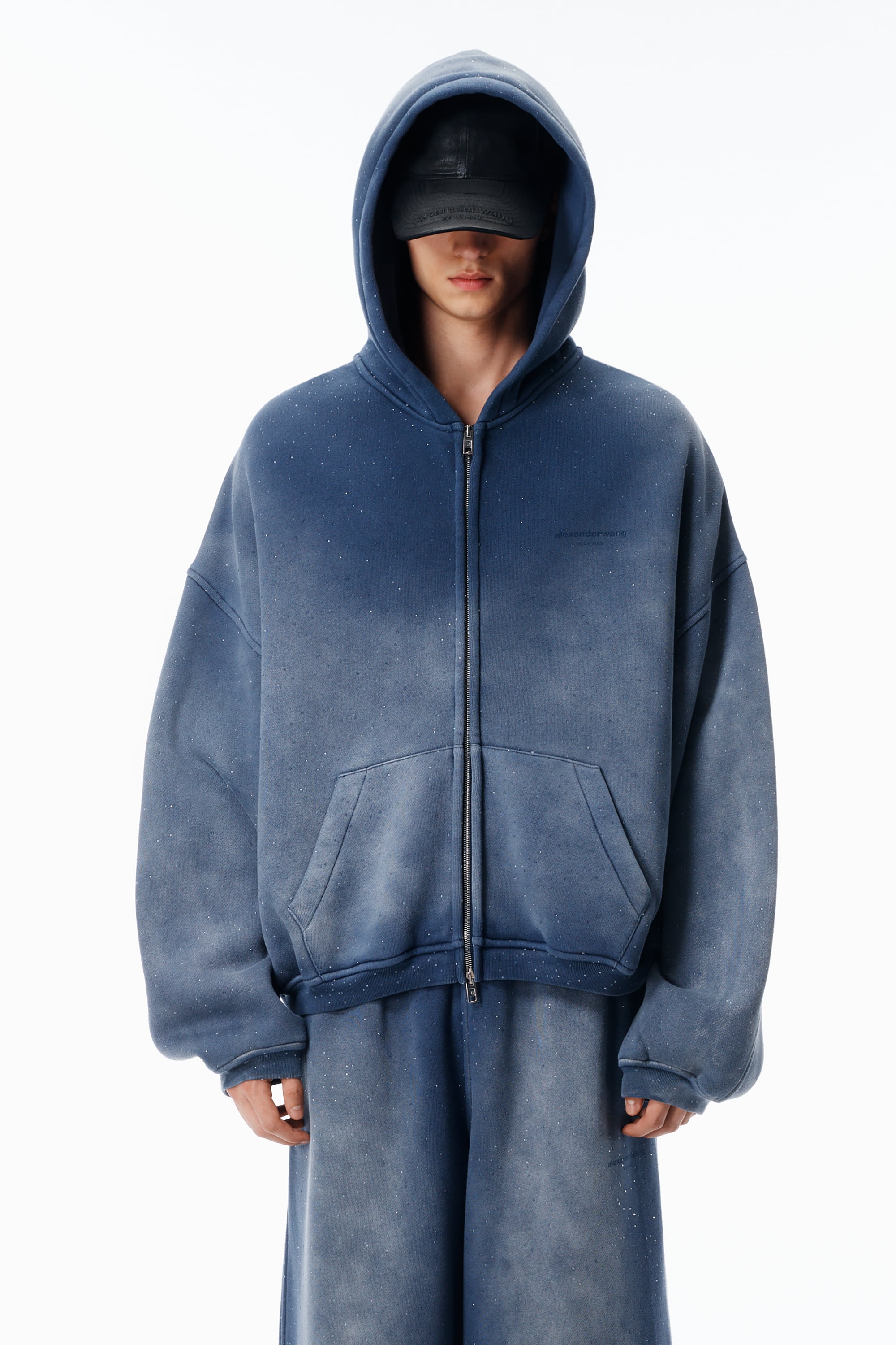 Unisex Crystal Hotfix Zip-Up Hoodie in Cotton Blend in WASHED NAVY