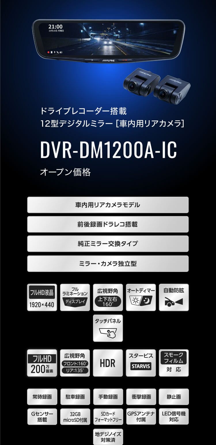 ドライブレコーダー搭載 12型デジタルミラー［車内用リアカメラ］ DVR