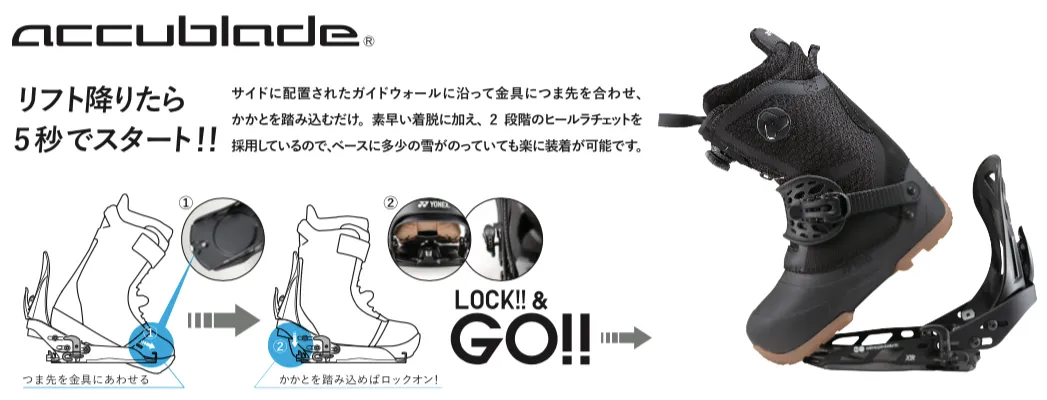 リフトを降りたら瞬時に装着できる 独自のステップインシステム