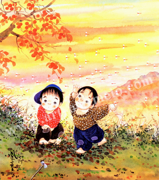 開田風童「夕焼けこやけ」 お手頃価格の色紙アートプリントの額装