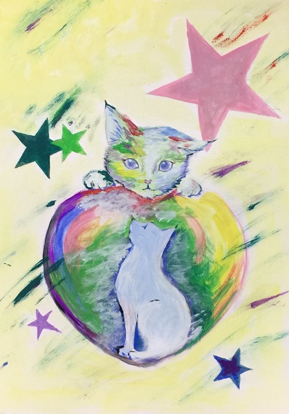 猫の親子 猫の親子の絆を表現 本物 シルクスクリーン 猫の親子