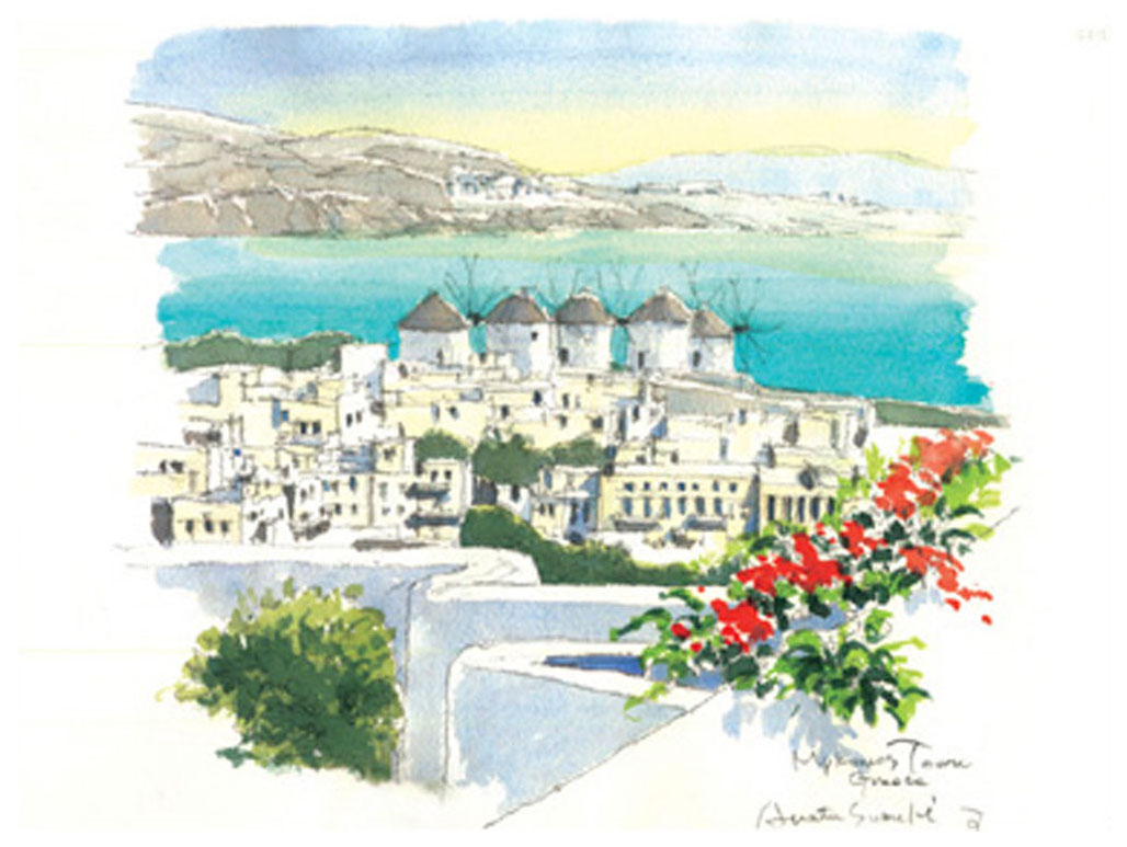 鈴木新 絵画 (版画/ジクレー) ミコノス島の風車 ギリシア・ミコノス島