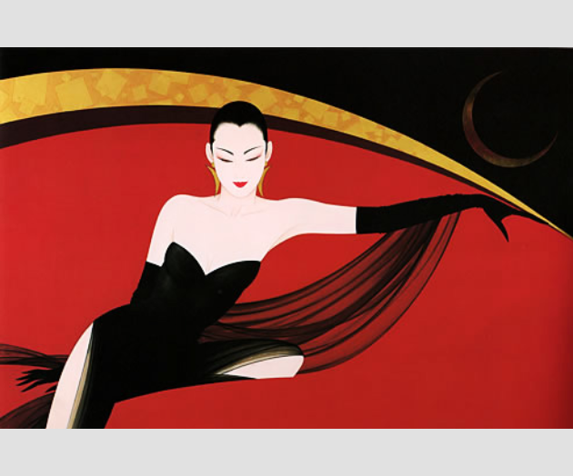 鶴田一郎 赤と黒の魅惑 額装／美人画 アンティーク風 鶴田一郎 赤と黒