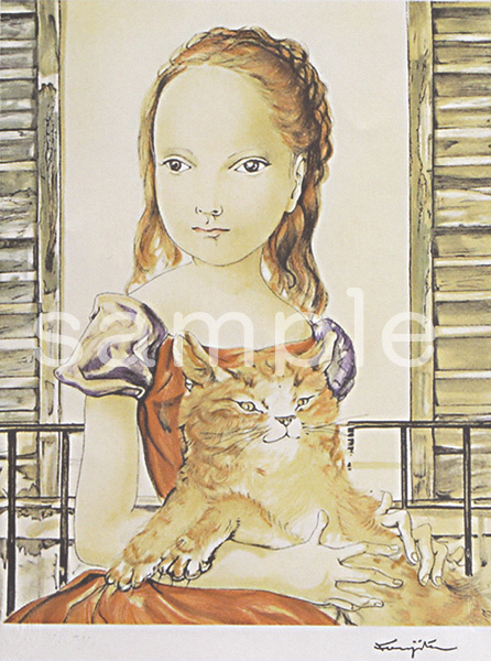 藤田嗣治「窓の前の少女と猫」リトグラフ 33×26｜【Arts Ship】のむら画廊