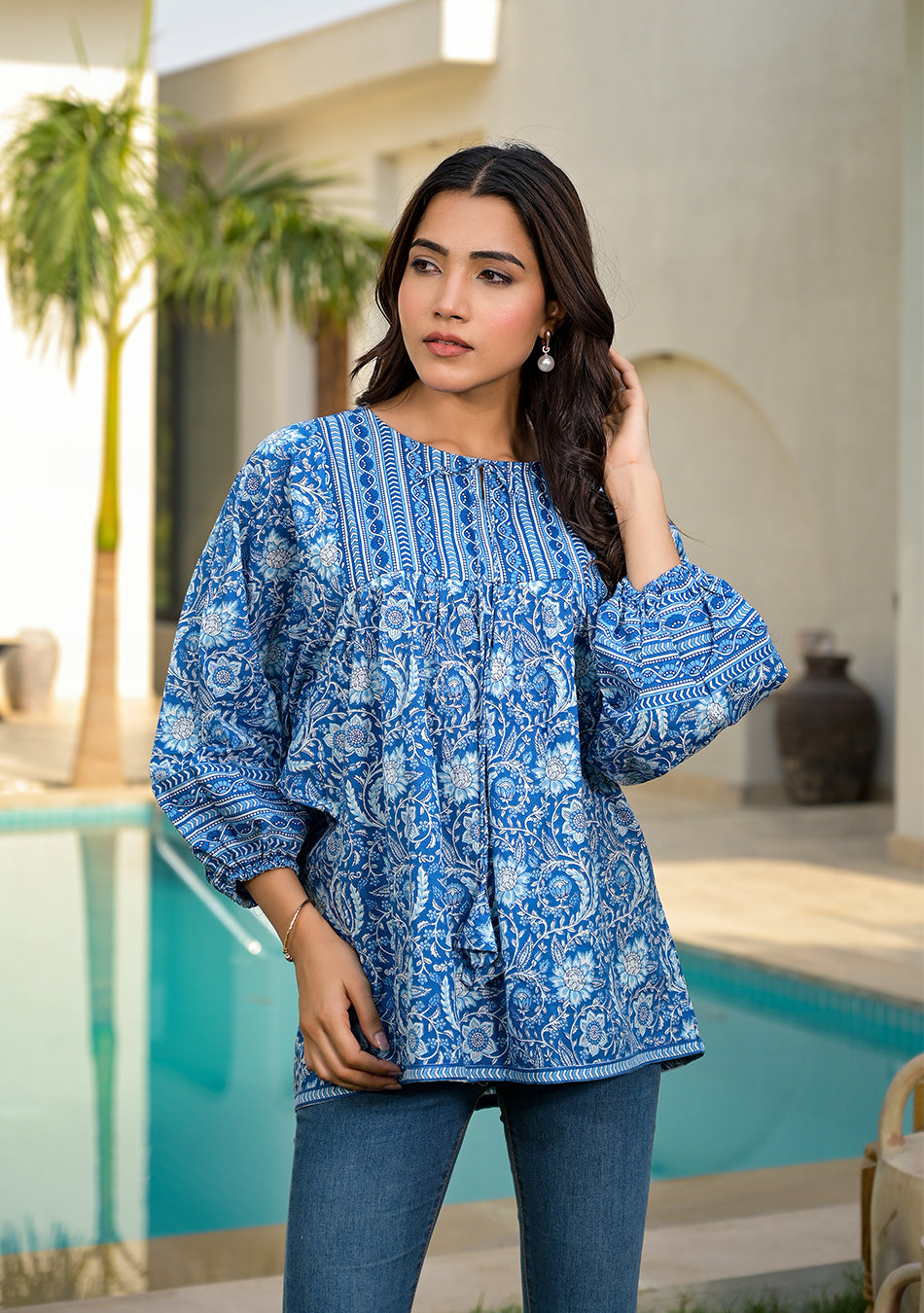 Azure Floral Cotton Peplum Blouse | Buy Women Clothing