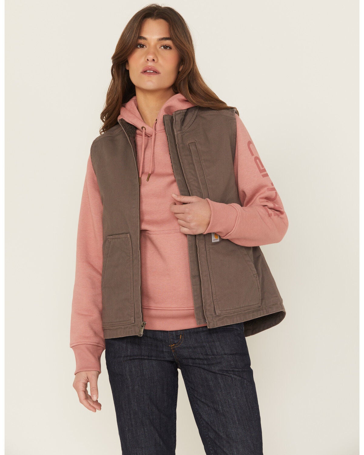 Carhartt Women's Taupe Washed Duck Sherpa Lined Vest | Boot Barn