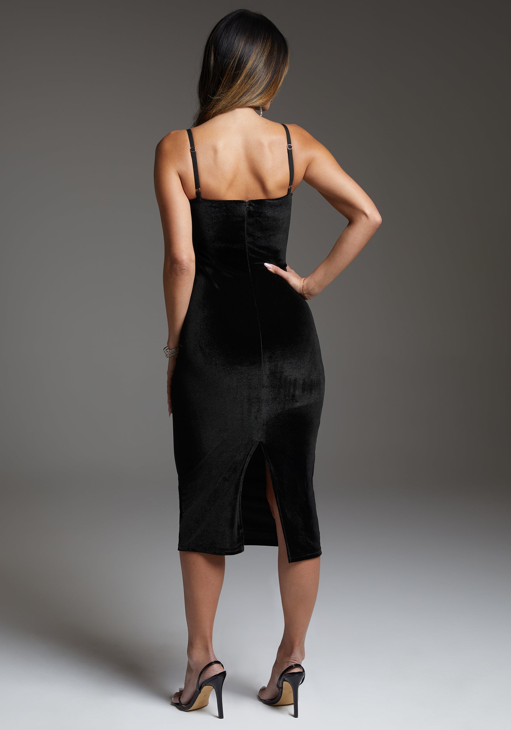 bebe Black Velvet Midi Dress Embellished With Crystals by Swarovski