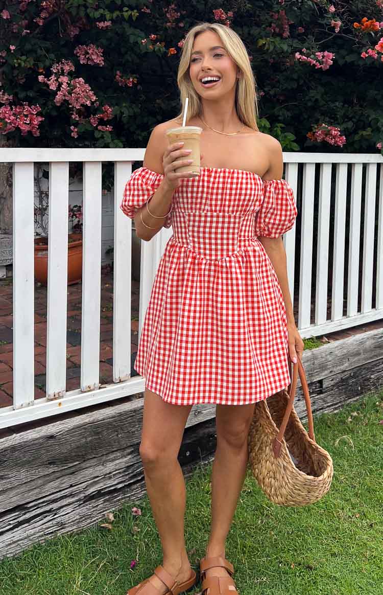 Love Lost Off The Shoulder Red Gingham Mini Dress | Beginning