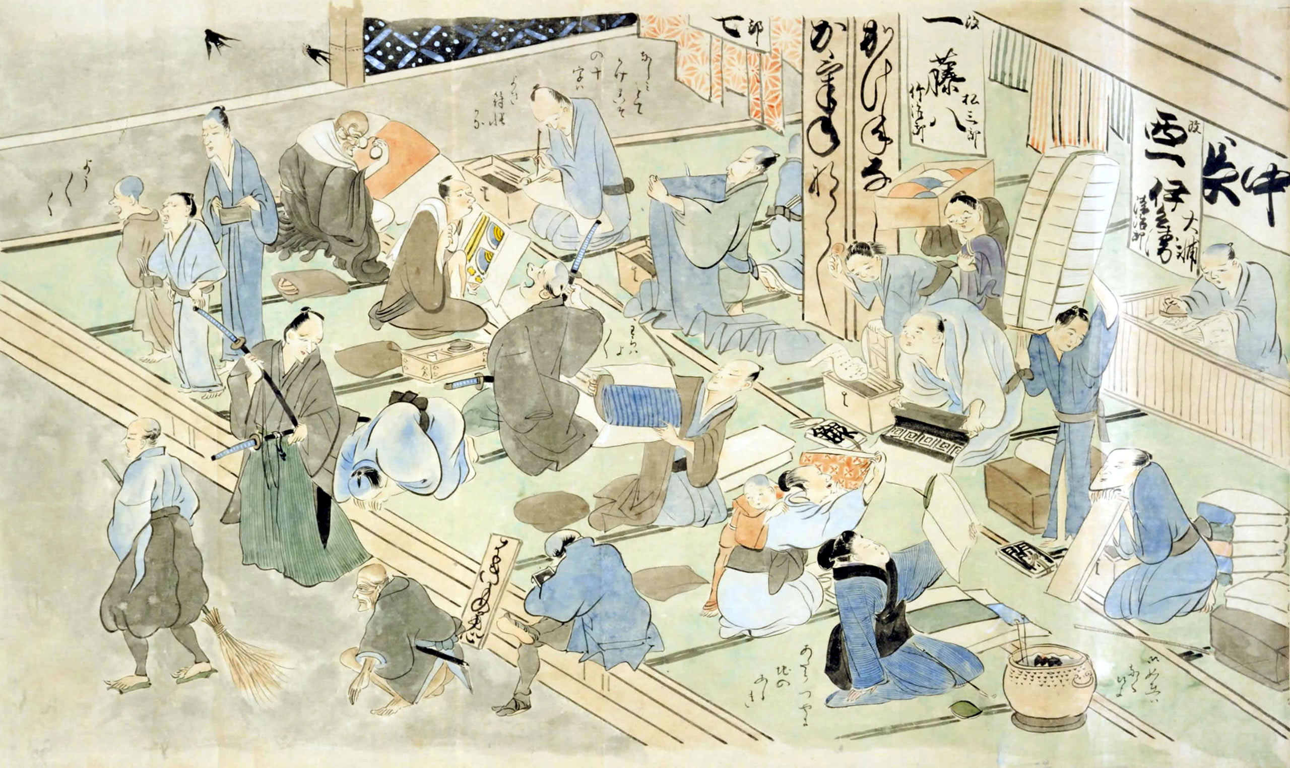 額装正絹染め江戸時代風俗絵「職人尽絵・機織図（しょくにんづくしえ