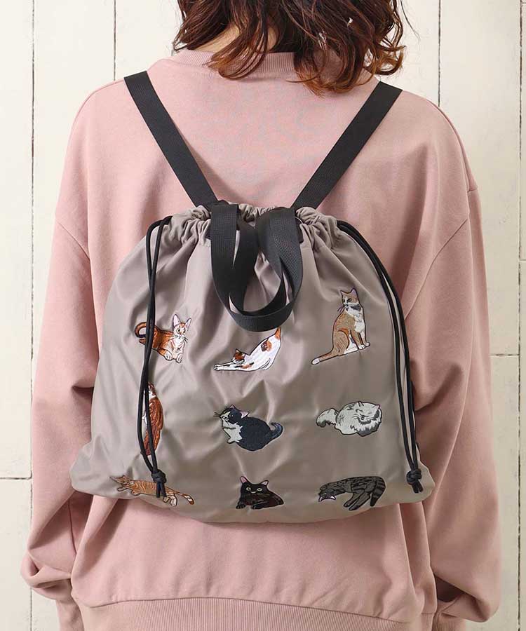 ねこナイロン刺繍ナップサック バッグ BAG リュック リュックサック