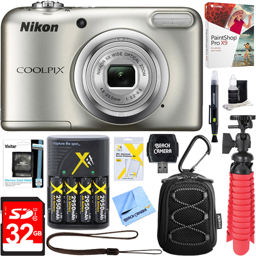 Nikon COOLPIX A10 16.1MP Digital Camera (Silver) + 32GB Deluxe