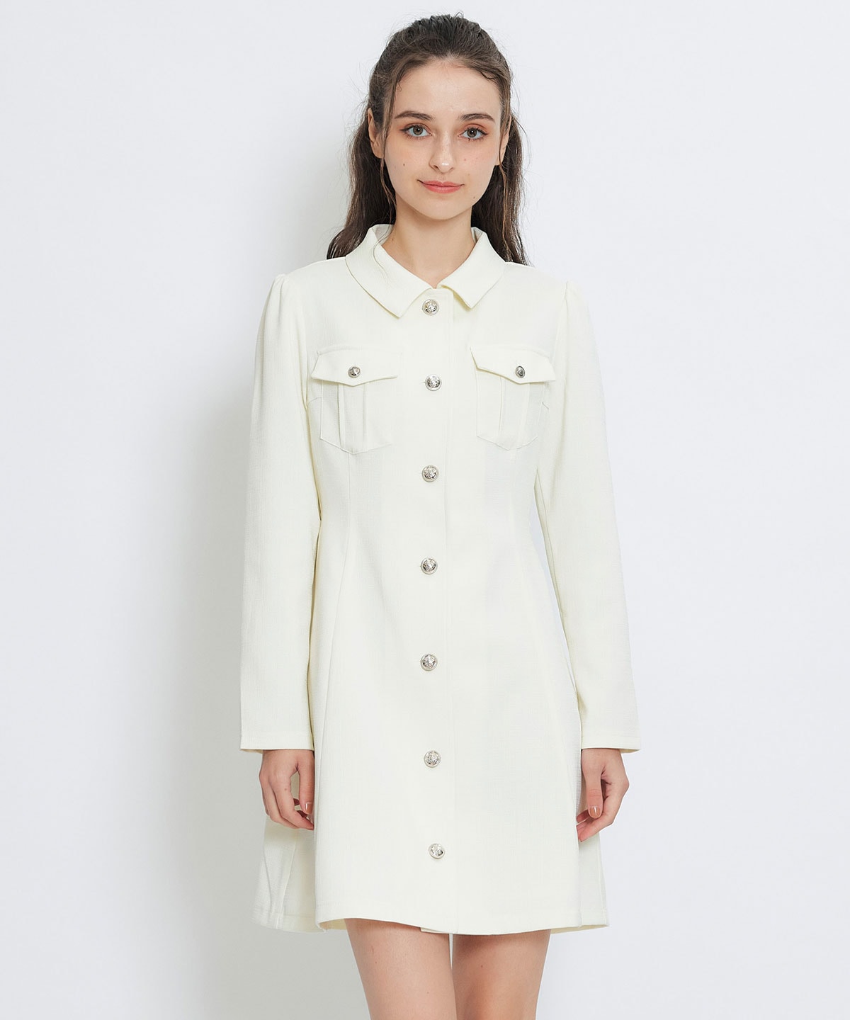 スプリングツイードシャツミニフレアワンピース(S ホワイト): REDYAZEL