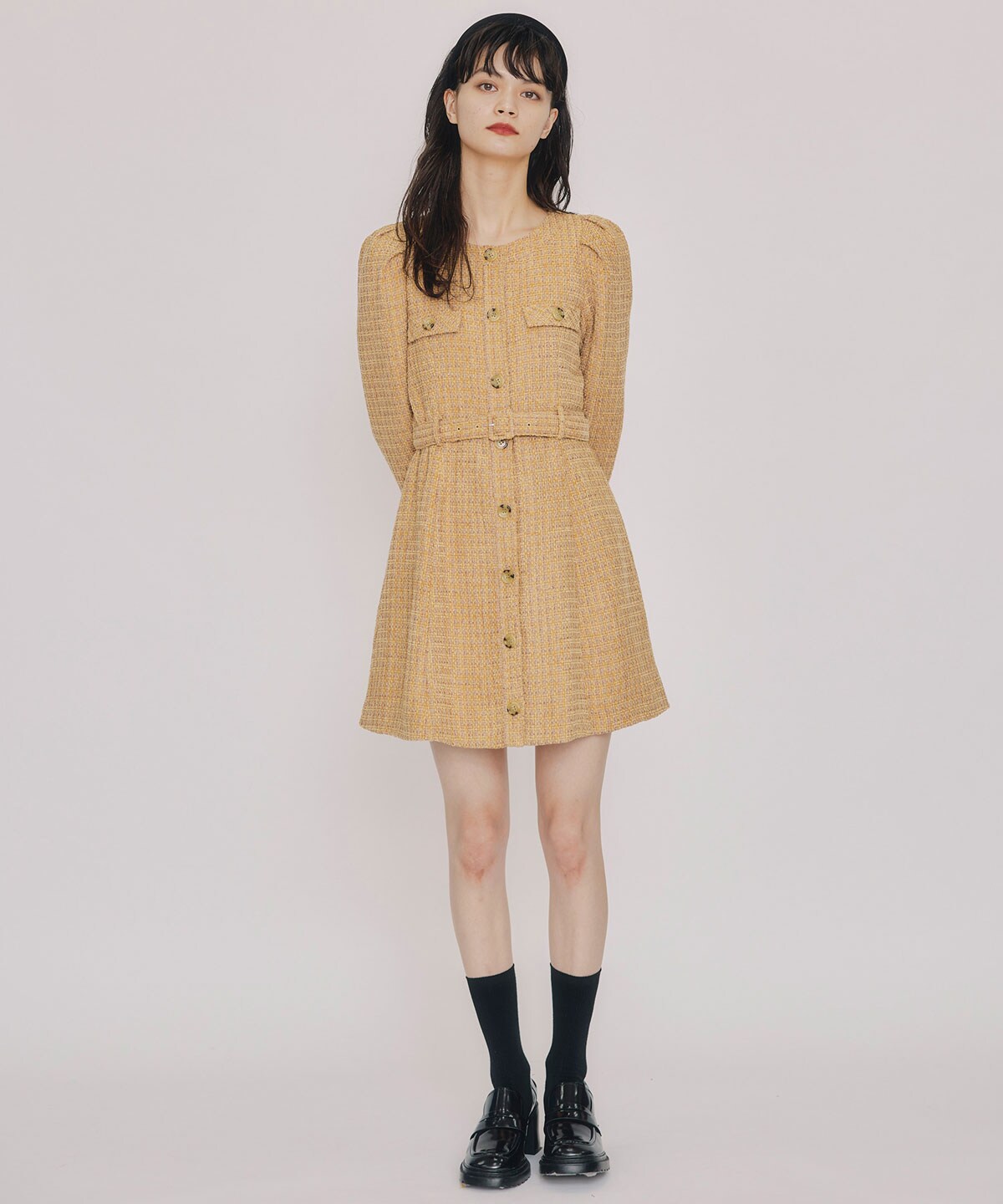 MIXツイードパフスリーブミニワンピース(S ベージュ): REDYAZEL｜公式