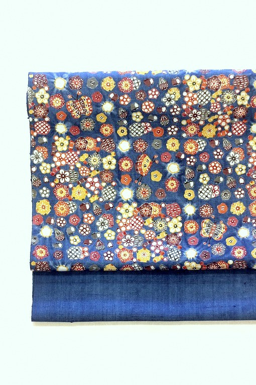 型絵染九寸名古屋帯/岡本紘子作 花 藍染絞り