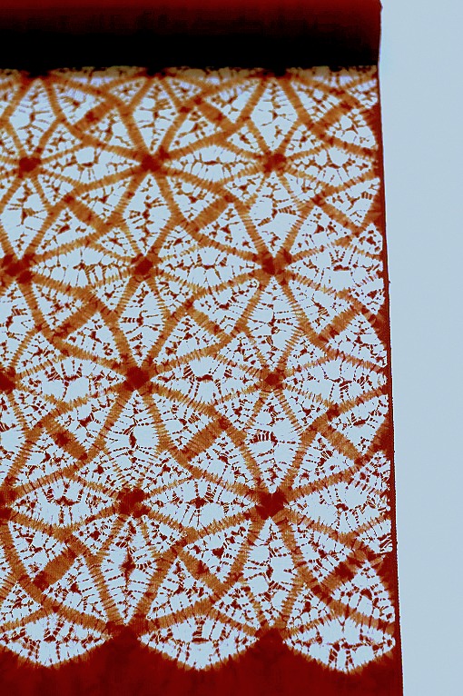 茜染め/九寸名古屋帯 麻の葉繋ぎ 紬地