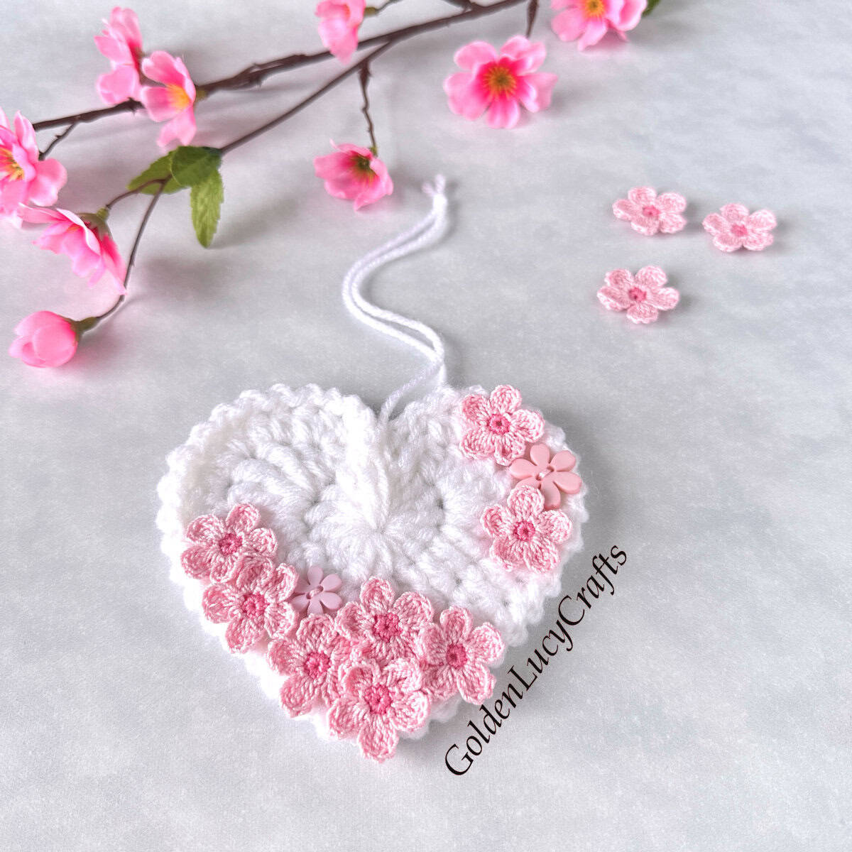 Crochet Cherry Blossom Heart Ornament - GoldenLucyCrafts