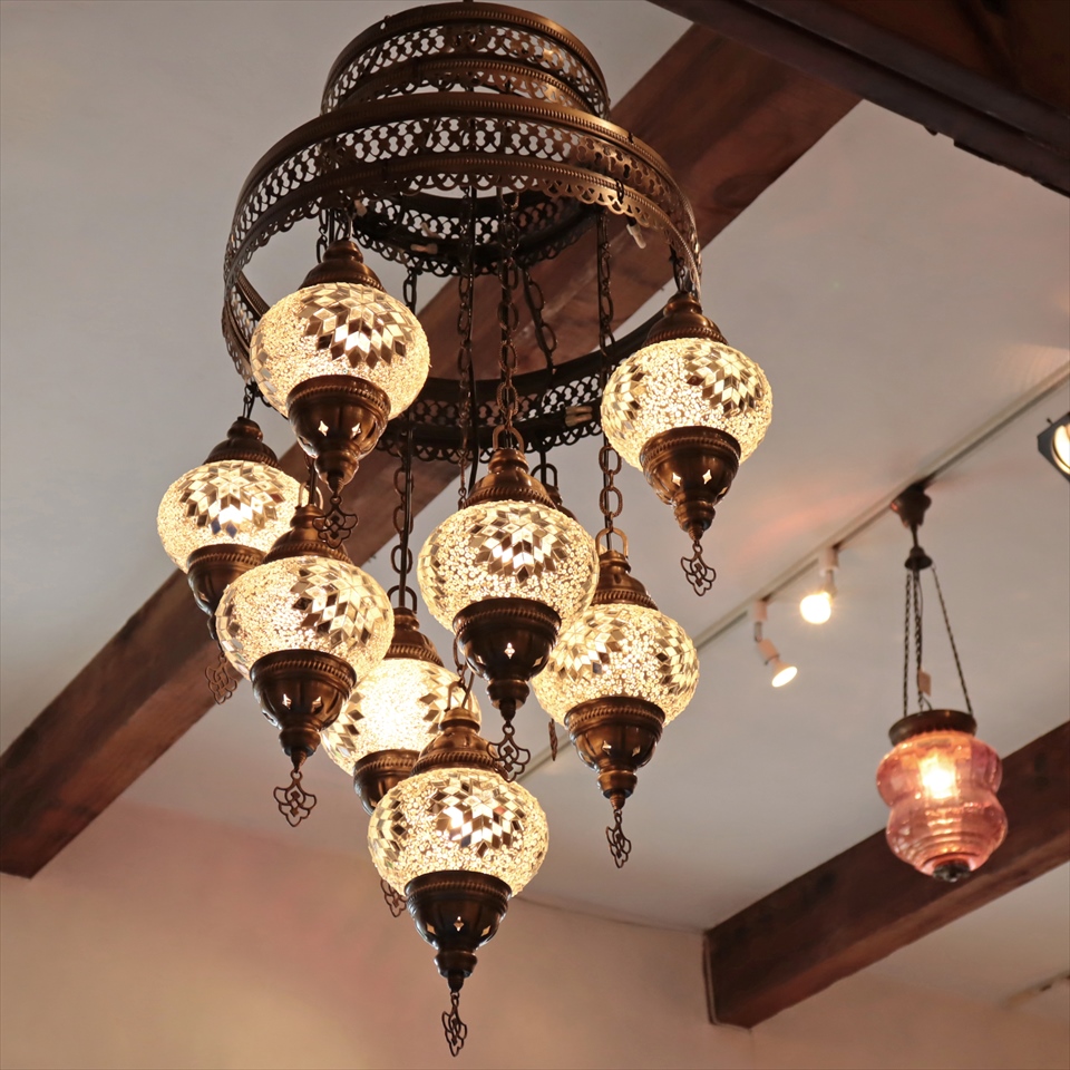 トルコランプ モザイクランプ シャンデリア 9灯 【天井工事必要】 全高