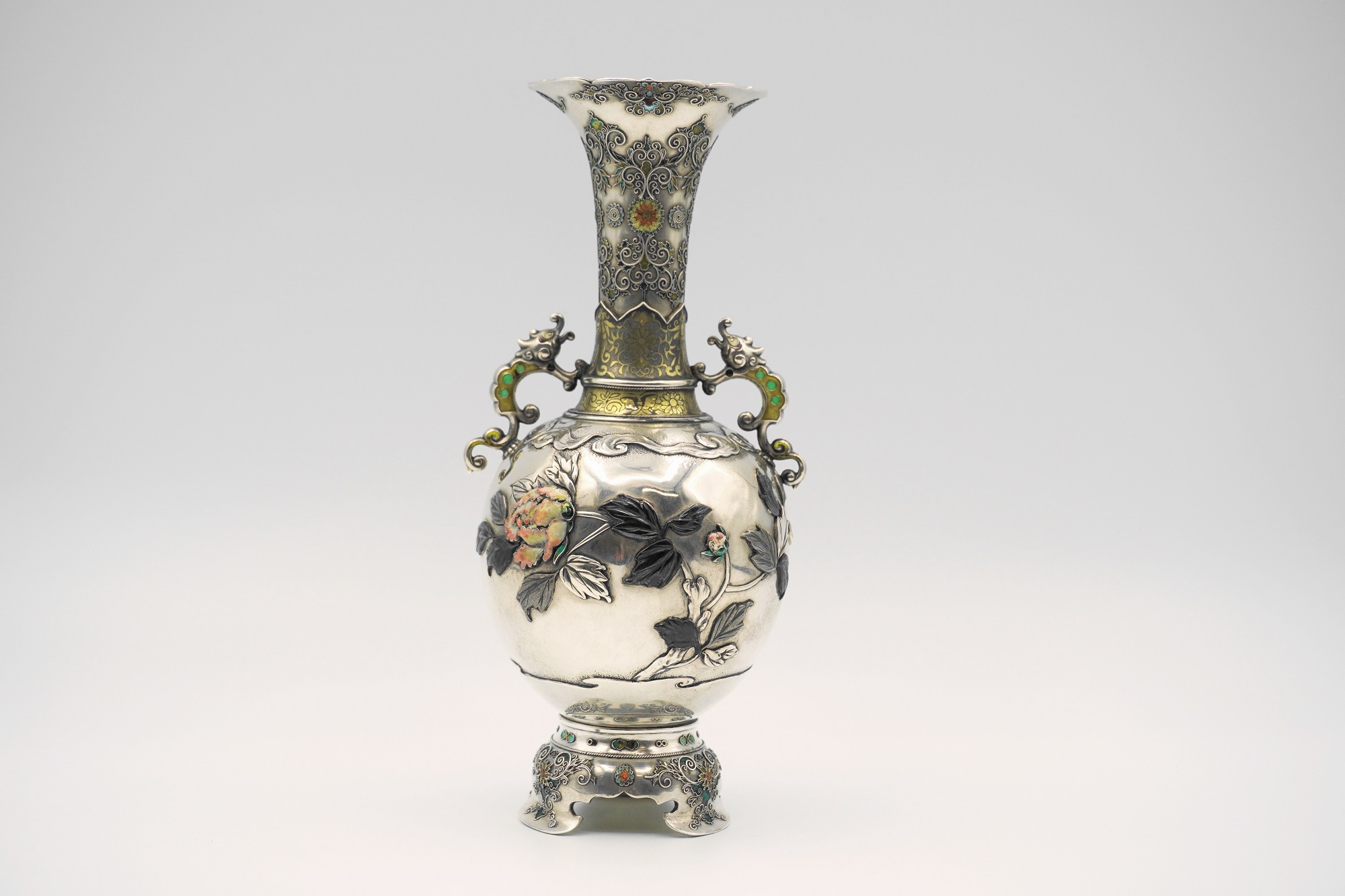 古銅七宝丸文に鳳凰図花瓶 [B31553] 美品 高級日本七宝花瓶 鳳凰 花