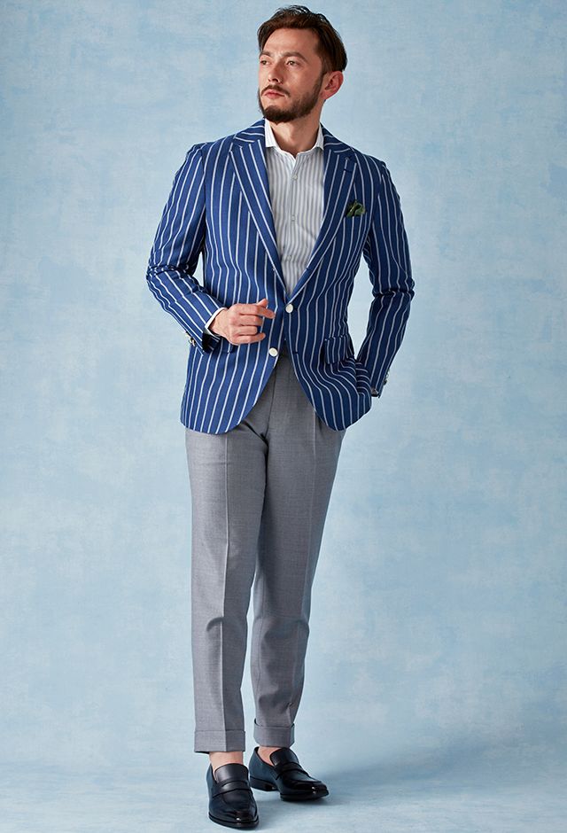 ブルージャケット＆パンツ・ストライプのコーディネート（CANONICO